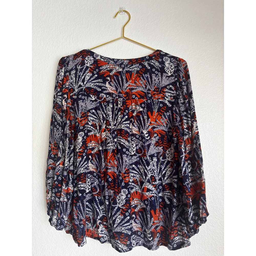 Maeve Anthropologie Navy Orange Tropical Flamingo Print Blouse Medium NWT - Picture 2 of 9